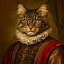 cat, portrait, regal, historical_clothing, fur, yellow_eyes, costume, animal, mammal, closeup, face, whiskers, ears, fancy, vintage_style, painting_style, brown_background, texture, detailed, majestic