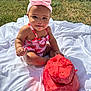 baby, girl, headband, pink_bow, swimsuit, watermelon, fruit, outdoor, grass, blanket, summer, cute, sitting, food, snack, child, playful, sunny, portrait, nature
