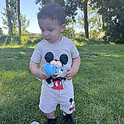 Qassym participe au concours pour gagner de l'argent avec cette photo : toddler, child, mickey_mouse, outdoor, grass, trees, daylight, shirt, shorts, black_shoes, blue_bottle_lids, curious, standing, nature, sunlight, clothing, person, footwear, playtime, summer