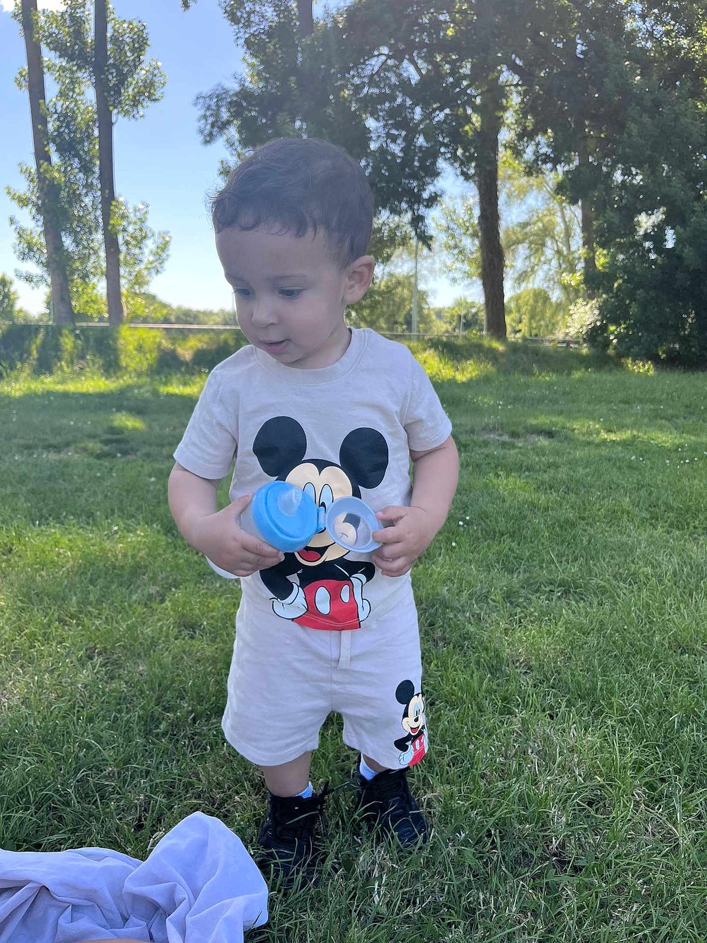 Qassym participe au concours pour gagner de l'argent avec cette photo : toddler, child, mickey_mouse, outdoor, grass, trees, daylight, shirt, shorts, black_shoes, blue_bottle_lids, curious, standing, nature, sunlight, clothing, person, footwear, playtime, summer