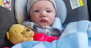 Noah joined the competition — help win amazing prizes!  안전_seat, baby, beanie, blanket, blue_blanket, bundled, car_interior, car_seat, child, clothing, cozy, eyes, face, infant, portrait, sitting, teddy_bear, toy, travel, vehicle