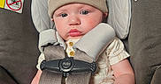 Noah joined the competition — help win amazing prizes! baby, infant, child, car_seat,  안전_harness, hat, bear_hat, toys, portrait, face, eyes, pouting, sitting, indoors, vehicle, safety_belt, buckled, clothing, close_up, photography