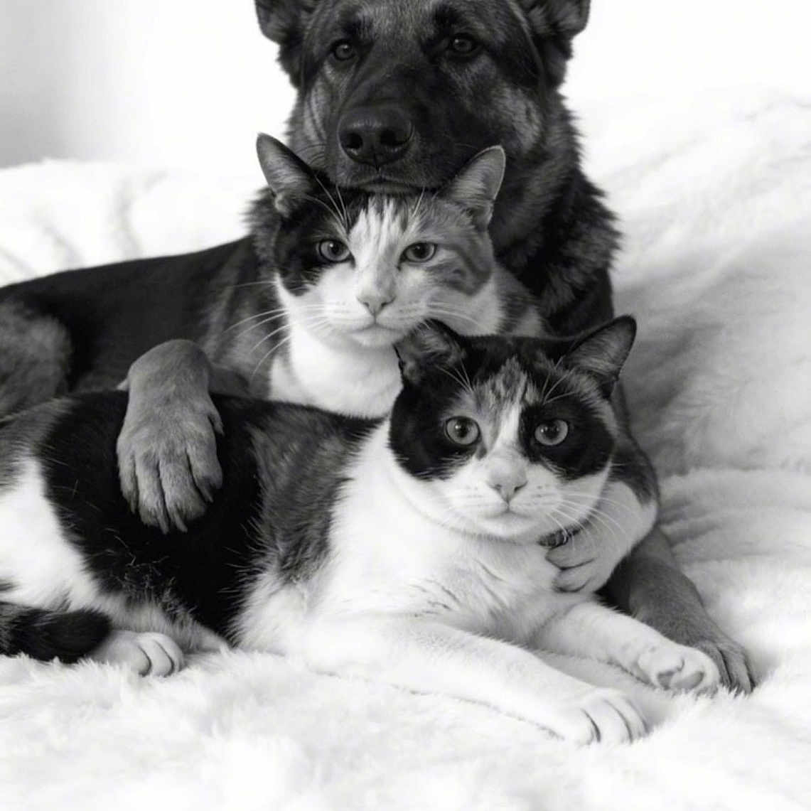 Phoebe And Leia is registered to the contest to win money with this photo: dog, cat, pets, animal_portrait, cuddling, snuggling, black_and_white, monochrome, bed, blanket, fluffy, short_hair, german_shepherd, tabby_cat, black_and_white_cat, indoors, cozy, friendship, close_up, adorable