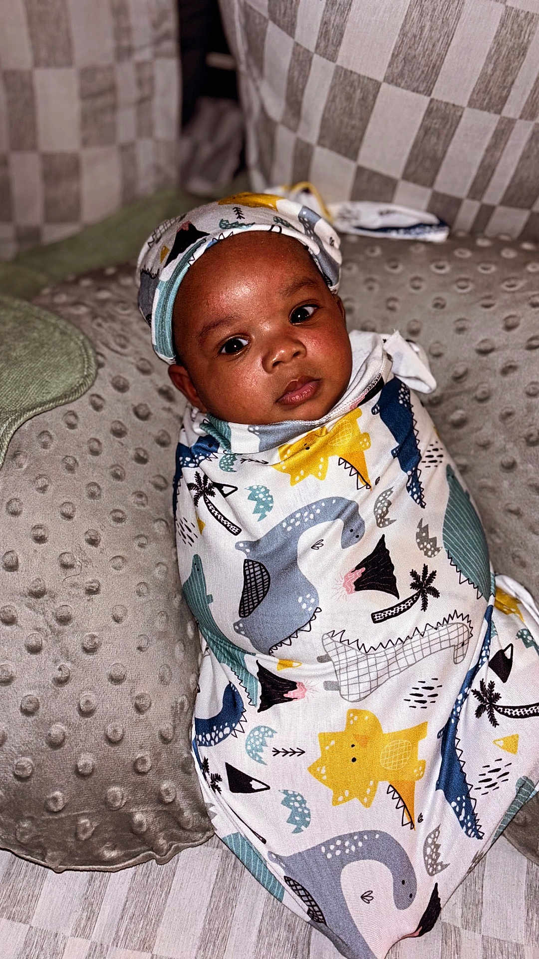 Tyriq is registered to the contest to win money with this photo: baby, infant, swaddle, dinosaur_pattern, cushion, pillows, checkered, face, headwear, lying_down, indoor, child, cute, soft_texture, blanket, wearing, young, adorable, resting, portrait