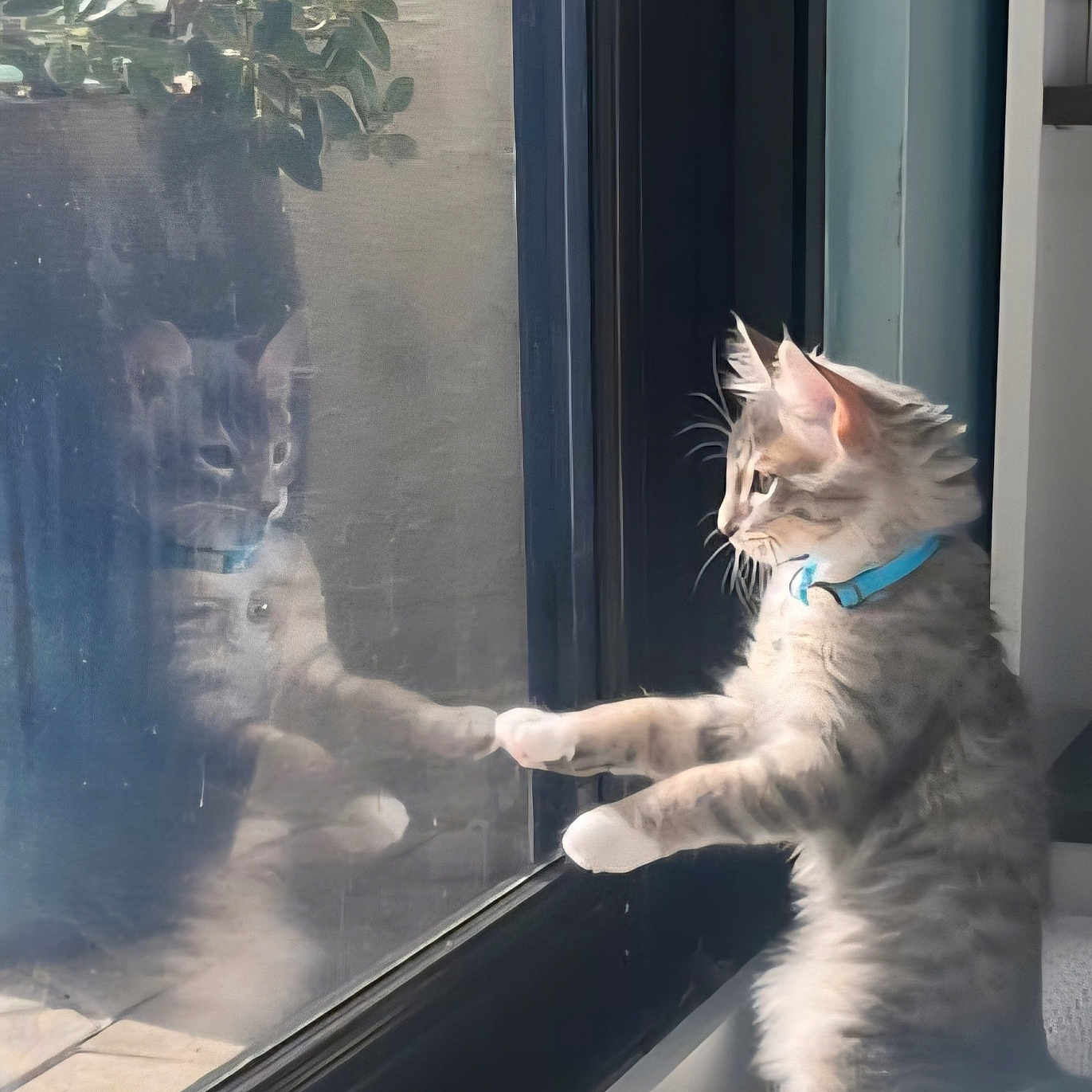 Jasper is registered to the contest to win money with this photo: animal, blue_collar, cat, curious, daylight, domestic_cat, feline, floor, glass_door, home, indoor, looking_out, paw, pet, plant_reflection, reflection, side_view, soft_fur, whiskers, window