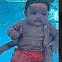 baby, child, pool, water, swimwear, curly_hair, chubby, holding_hands, outdoor, summer, skin, reflection, person, swimming, relaxation, water_surface, cute, infant, recreation, leisure