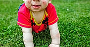 Anthony is registered to the contest to win money with this photo: baby, child, grass, outdoor, crawling, red_shirt, blue_eyes, face, smile, garden, bench, house, greenery, person, portrait, cute, young_child, nature, daylight, closeup