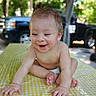 Anthony joined the competition — help win amazing prizes! baby, blurred_background, checkered, child, crawling, daylight, diaper, face, feet, hands, happy, head, nature, outdoor, smiling, tablecloth, trees, vehicle, wet_skin, yellow