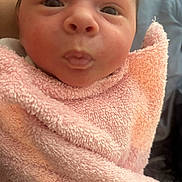 Crystina joined the competition — help win amazing prizes! baby, child, closeup, cozy, cute, expression, face, indoors, infant, newborn, person, pink, portrait, skin, sleepy, soft, texture, towel, warmth, wrapped