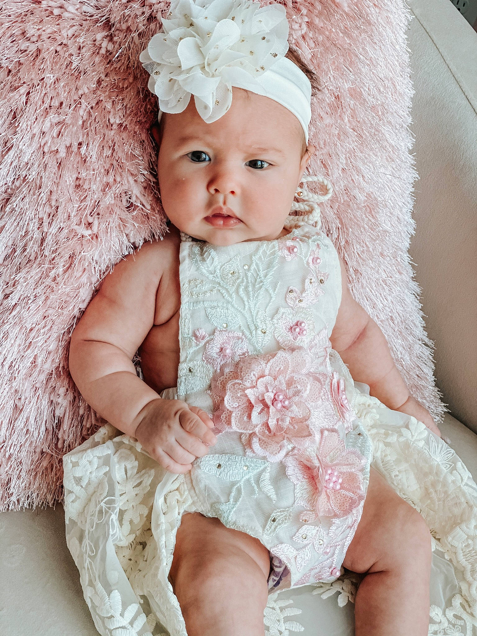 Giana is registered to the contest to win money with this photo: baby, baby_toddler_clothing, bridal_accessory, day_dress, embellishment, eye, face, flash_photography, happy, headband, headpiece, headwear, iris, jewellery, pattern, person, pink, skin, sleeve, textile
