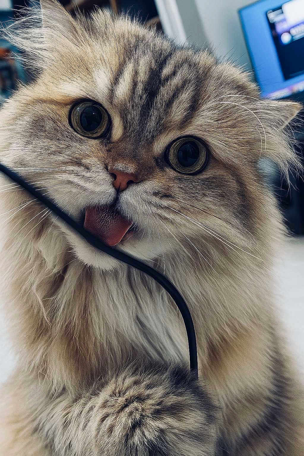 Poeme participe au concours pour gagner de l'argent avec cette photo : cat, fluffy, close_up, tongue_out, indoor, curious, whiskers, feline, pet, cute, fur, playful, animal, mischievous, domestic, face, expression, eye, nose, cable
