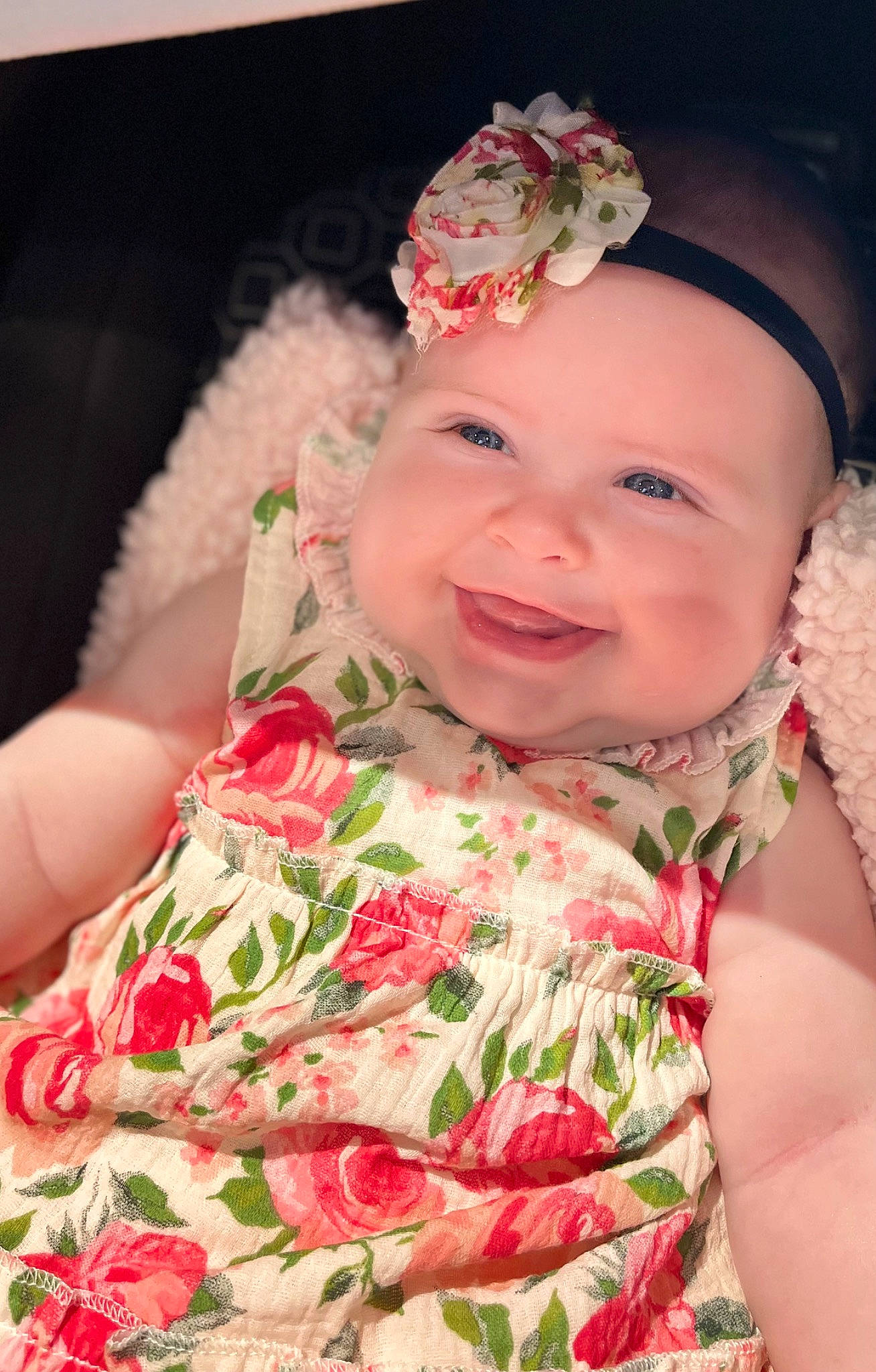 Rae is registered to the contest to win money with this photo: baby, baby_toddler_clothing, child, dress, eye, flash_photography, flower, happy, headband, headpiece, headwear, iris, jewellery, joy, lip, person, petal, pink, plant, rose