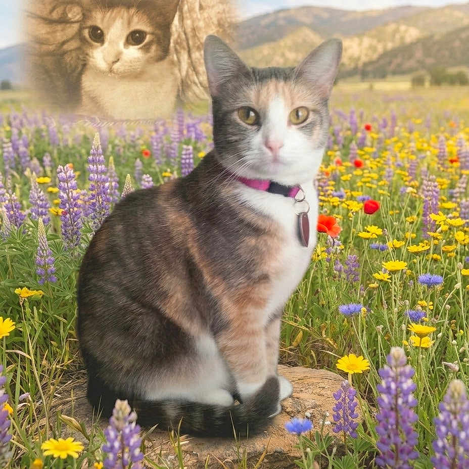 Rowan joined the competition — help win amazing prizes! cat, calico_cat, flower_field, wildflowers, meadow, rock, outdoor, nature, portrait, animal, feline, colorful, grass, scenery, sky, blurred_background, nostalgia, collar, pet, peaceful