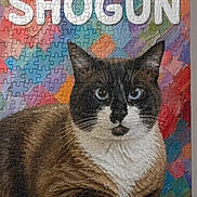 Shogun is registered to the contest to win money with this photo: cat, siamese_cat, puzzle, jigsaw_puzzle, colorful, blue_eyes, animal, pet, feline, lying_down, multicolor_background, text_overlay, word_shogun, whiskers, fur, close_up, portrait, indoor, artistic, pattern