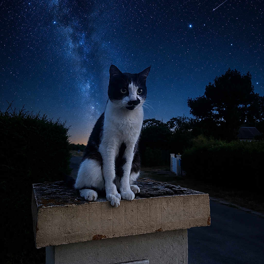 Winston a rejoint le concours — aidez-le/la à gagner de superbes lots ! cat, black_and_white_cat, animal, pet, sitting, outdoor, night, starry_sky, milky_way, shooting_star, astronomy, galaxy, portrait, whiskers, ears, paws, pedestal, stone, silhouette, landscape
