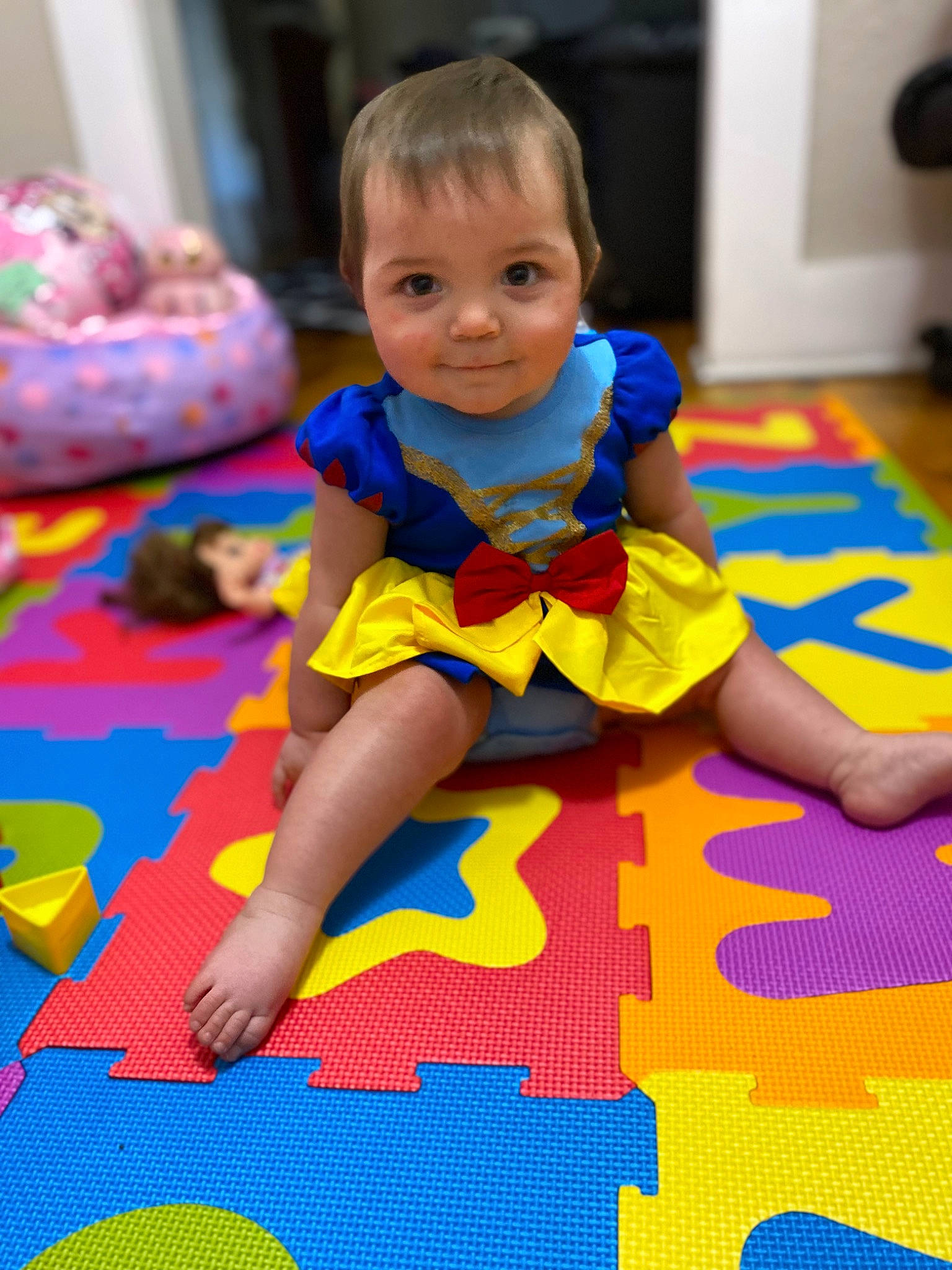 Mackenzie joined the competition — help win amazing prizes! art, baby, baby_toddler_clothing, child, dress, electric_blue, floor, flooring, fun, happy, head, joy, leisure, person, play, playmat, product, purple, recreation, smile