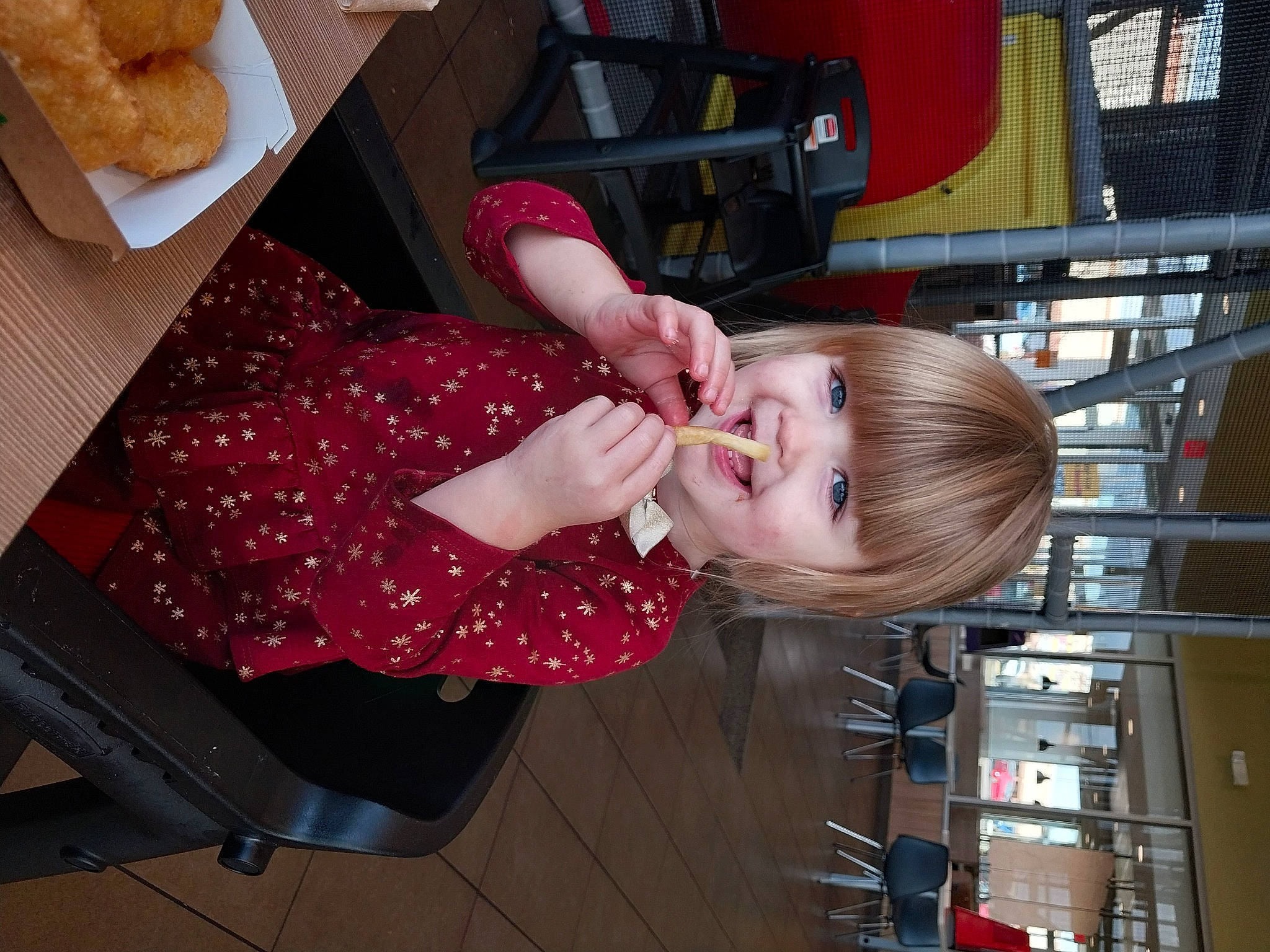 Blakelynn is registered to the contest to win money with this photo: baby, baby_products, baby_toddler_clothing, bread, child, finger_food, fun, joy, machine, pattern, person, room, toddler, wood