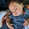 child, toddler, sleeping, denim, clothing, hand, resting, peaceful, portrait, close_up, face, hair, skin, baby, person, casual, indoor, comfort, nap, calm
