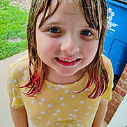 Raylee is registered to the contest to win money with this photo: child, girl, smiling, wet_hair, yellow_dress, polka_dot, outdoor, portrait, face, happy, blue_bin, grass, doorway, pink_hair_tips, casual_clothing, daylight, close_up, person, cute, young
