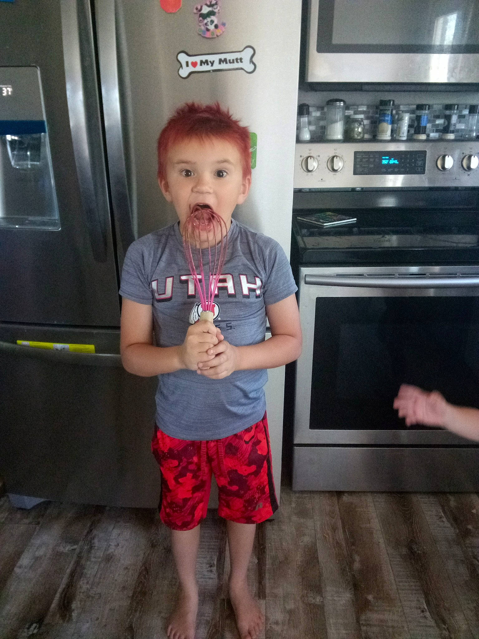 Gaige is registered to the contest to win money with this photo: child, electronic_device, kitchen_appliance, person, red, room, standing, surprise, technology, toddler, vacation