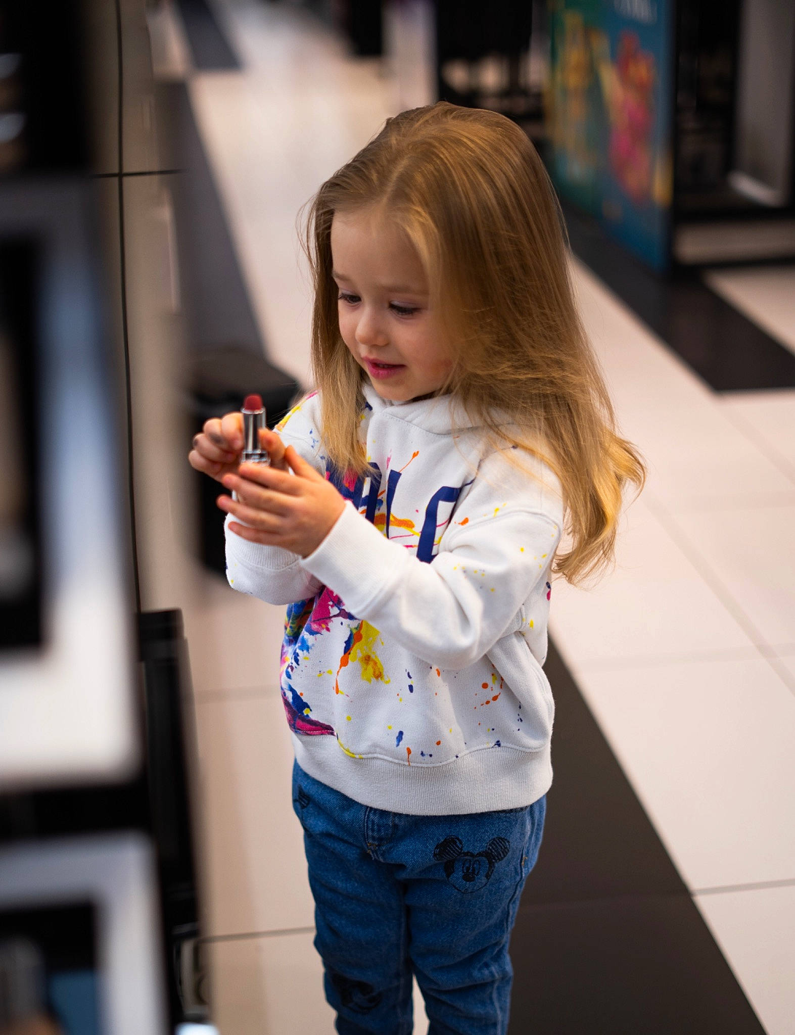 Anna joined the competition — help win amazing prizes! blond, brown_hair, child, denim, electric_blue, fashion_design, flooring, fun, gesture, hair, happy, human_leg, jeans, joint, long_hair, person, shoulder, sleeve, standing, toddler