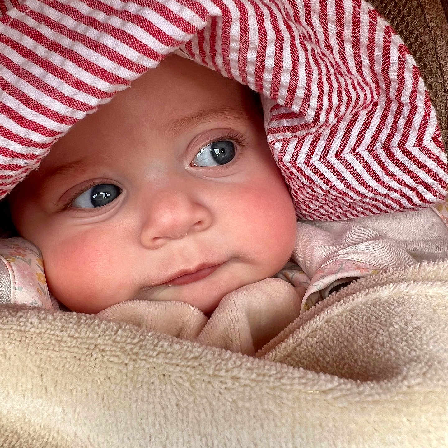 Céleste a rejoint le concours — aidez-le/la à gagner de superbes lots ! baby, child, face, blue_eyes, blanket, hat, striped_hat, closeup, cute, chubby_cheeks, soft_texture, warm, portrait, infant, clothing, looking_away, indoors, skin, headwear, expression