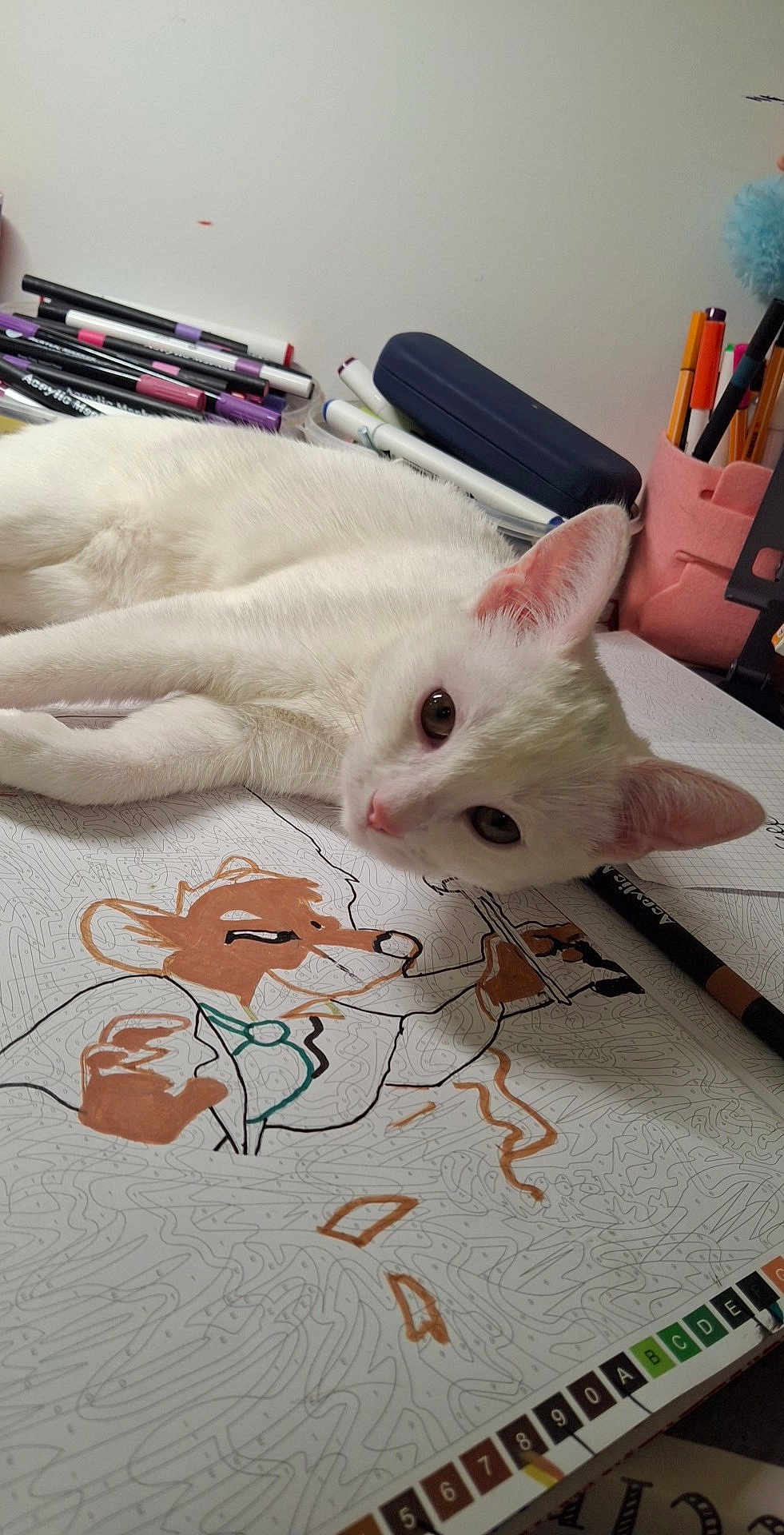 Luna a rejoint le concours — aidez-le/la à gagner de superbes lots ! cat, white_cat, paint_by_numbers, artwork, markers, drawing, desk, creative, animal, pet, relaxed, illustration, coloring, workspace, cute, feline, stationery, table, indoors, art_supplies