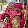 baby, child, swing, pink, smiling, outdoor, toy, clothing, cozy, happy, seat, rope, wood, house, building, person, footwear, sock, daylight, playtime
