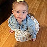 Adalyn joined the competition — help win amazing prizes! baby, child, girl, denim_jacket, bow, floral_dress, blue_eyes, sitting, wooden_floor, cute, indoors, portrait, smiling, happy, person, clothing, fashion, infant, casual, adorable