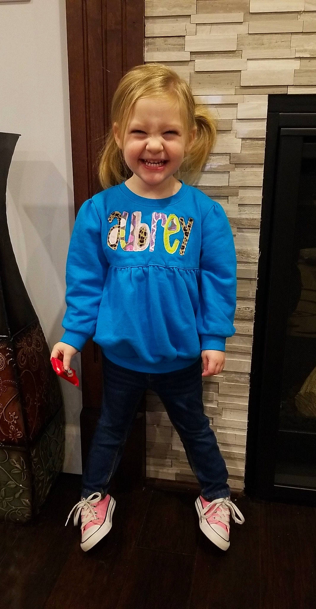 Aubrey joined the competition — help win amazing prizes! blue, child, clothing, costume, electric_blue, footwear, hoodie, jacket, jeans, joy, long_sleeved_t_shirt, outerwear, person, play, shoe, sleeve, smile, standing, t_shirt, toddler