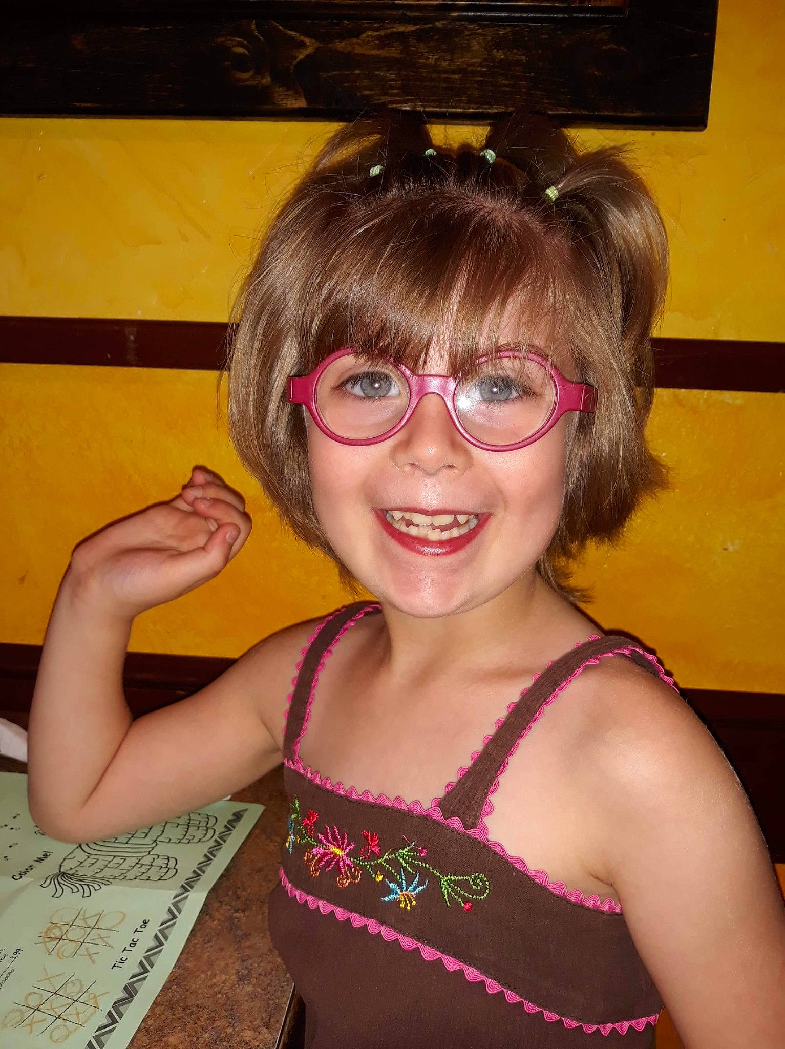 Riley joined the competition — help win amazing prizes! bangs, brown_hair, child, child_model, eyewear, fun, glasses, hair, hairstyle, joy, person, smile, tooth, vision_care