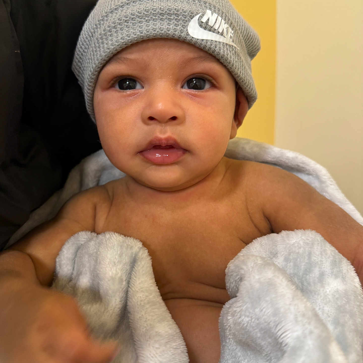 Kyan joined the competition — help win amazing prizes! baby, beanie, blanket, child, clothing, cozy, cute, expression, eyes, face, hand, hat, indoor, infant, mouth, person, portrait, skin, soft, warm