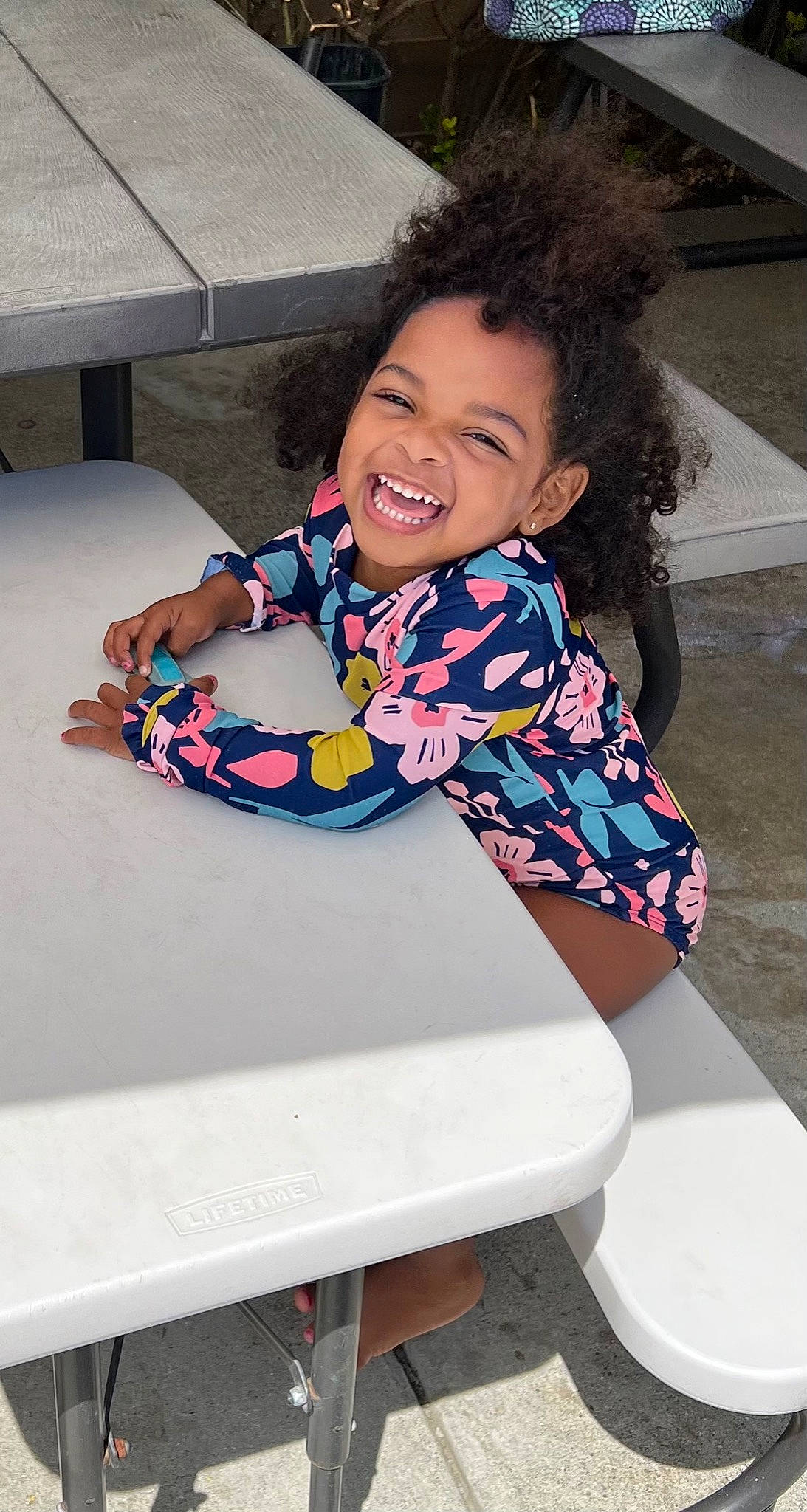 Renee joined the competition — help win amazing prizes! arm, child, comfort, eye, fun, hairstyle, happy, joint, joy, knee, leisure, magenta, person, pink, purple, recreation, shoulder, sleeve, smile, t_shirt