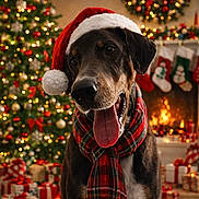Smokey is registered to the contest to win money with this photo: dog, christmas_hat, scarf, christmas_tree, fireplace, stockings, presents, holiday, festive, decorations, indoors, pet, tongue_out, cozy, celebration, warm_lighting, smiling, seasonal, winter, cheerful