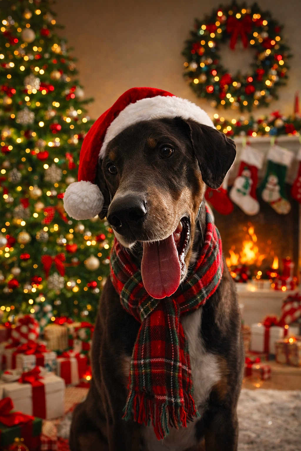 Smokey is registered to the contest to win money with this photo: dog, christmas_hat, scarf, christmas_tree, fireplace, stockings, presents, holiday, festive, decorations, indoors, pet, tongue_out, cozy, celebration, warm_lighting, smiling, seasonal, winter, cheerful