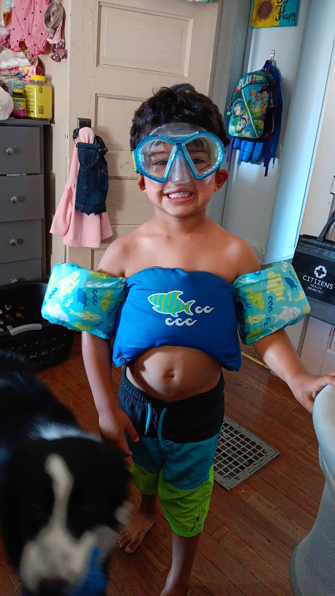 Isaac is registered to the contest to win money with this photo: blue, cabinetry, carnivore, chest, chest_of_drawers, companion_dog, dog, dog_breed, drawer, eyewear, fun, happy, leisure, people, person, photograph, smile, snapshot, thigh, trunk