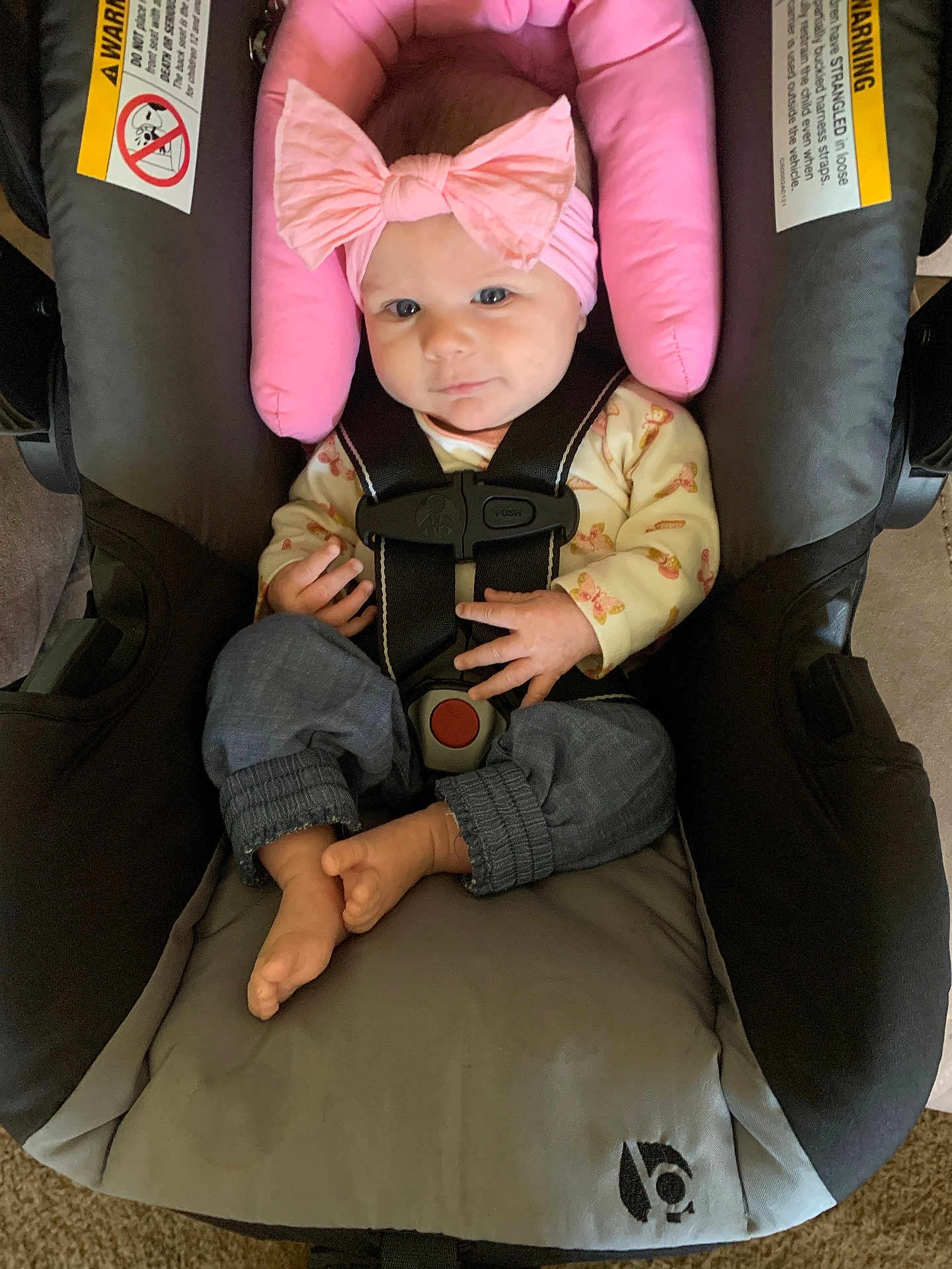 Nova joined the competition — help win amazing prizes! baby, child, car_seat, pink_bow, headband, blue_pants, bare_feet, infant, safety_harness, patterned_shirt, indoors, car_seat_warning_label, cute, smiling, seated, person, portrait, young_child, baby_clothing, car_seat_padding