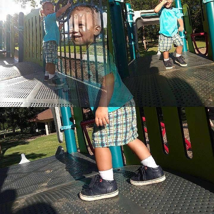Jaisah joined the competition — help win amazing prizes! blue_shirt, child, climbing, daytime, fun, greenery, metal_structure, outdoor, park, plaid_shorts, play, play_equipment, playground, shadow, sneakers, sunlight, texture, toddler, walking, young_child