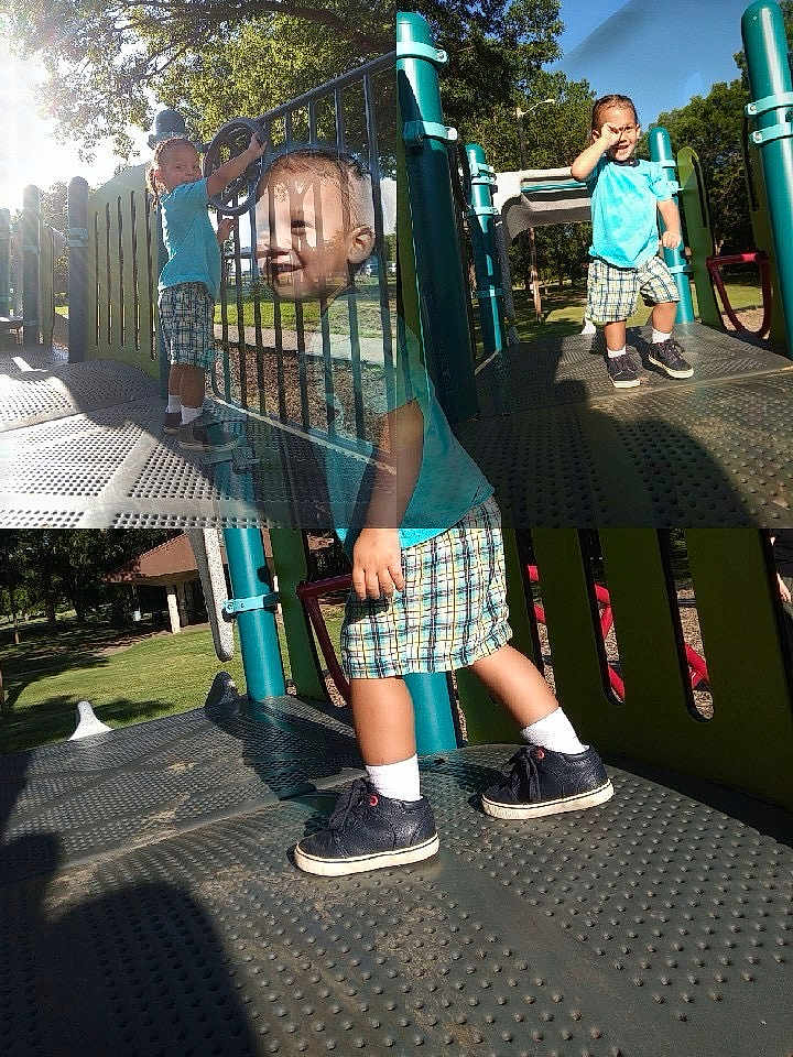 Jaisah joined the competition — help win amazing prizes! blue_shirt, child, climbing, daytime, fun, greenery, metal_structure, outdoor, park, plaid_shorts, play, play_equipment, playground, shadow, sneakers, sunlight, texture, toddler, walking, young_child