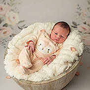 Kenza participe au concours pour gagner de l'argent avec cette photo : baby, newborn, infant, sleeping, soft, fluffy, blanket, wooden_bowl, cozy, portrait, flower_petals, pastel, cute, child, peaceful, indoor, studio, clothing, face, head