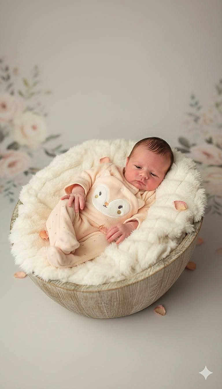 Kenza participe au concours pour gagner de l'argent avec cette photo : baby, newborn, infant, sleeping, soft, fluffy, blanket, wooden_bowl, cozy, portrait, flower_petals, pastel, cute, child, peaceful, indoor, studio, clothing, face, head