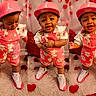 baby, toddler, child, pink_clothing, cap, sneakers, flowers, heart_decorations, roses, carpet, cute, smiling, posing, indoor, portrait, happy, fashion, playful, adorable, young_child