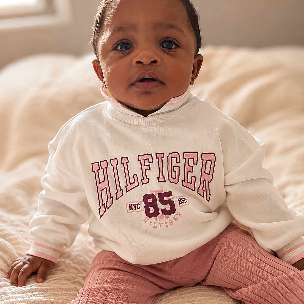Royaltii is registered to the contest to win money with this photo: baby, child, infant, cute, portrait, indoor, clothing, sweatshirt, pants, pink, white, bed, blanket, face, person, topknot, young_child, seated, looking_at_camera, cozy