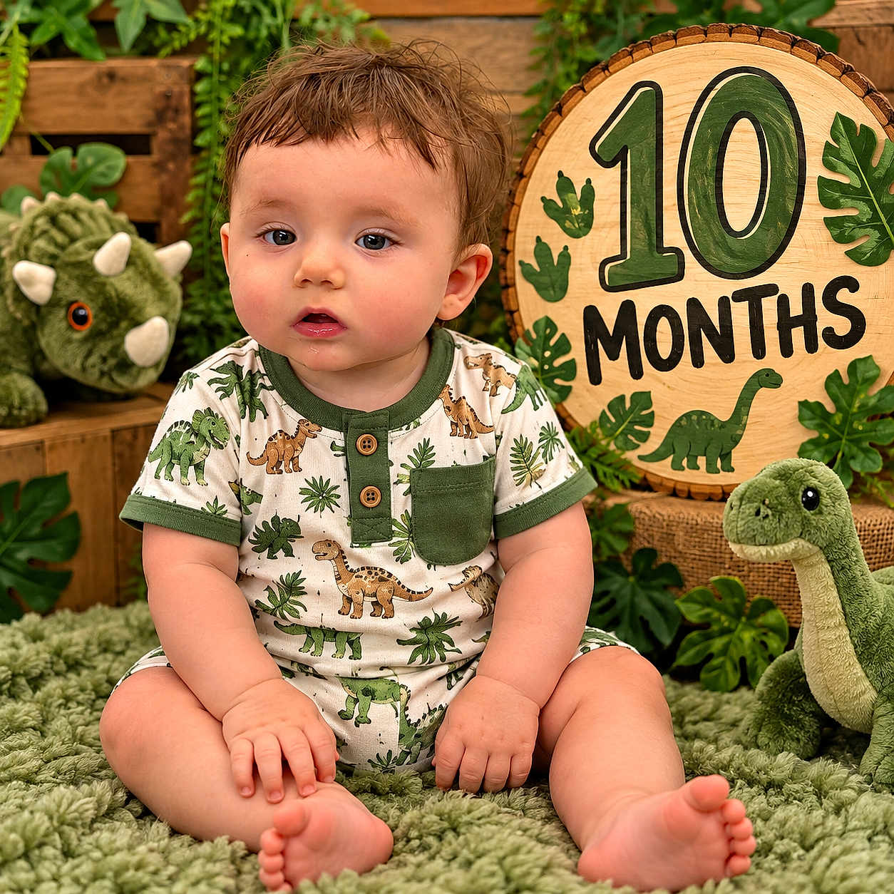 Woodsen joined the competition — help win amazing prizes! baby, infant, child, portrait, sitting, curious, face, eyes, smiling, dinosaur, stuffed_animal, plush_toy, milestone, ten_months, wooden_sign, jungle_theme, tropical_leaves, greenery, onesie, indoor