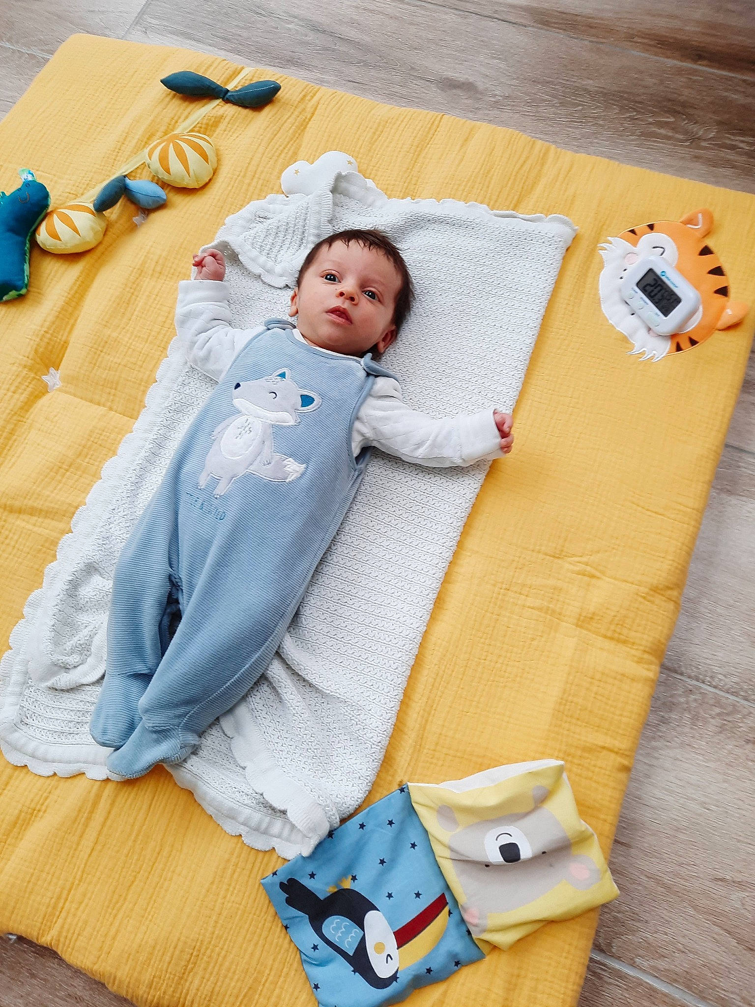 Léon a rejoint le concours — aidez-le/la à gagner de superbes lots ! baby, baby_products, baby_sleeping, baby_toddler_clothing, bedding, child, comfort, electric_blue, flooring, hardwood, infant_bed, linens, pattern, person, room, sitting, sleep, sleeve, textile, toddler