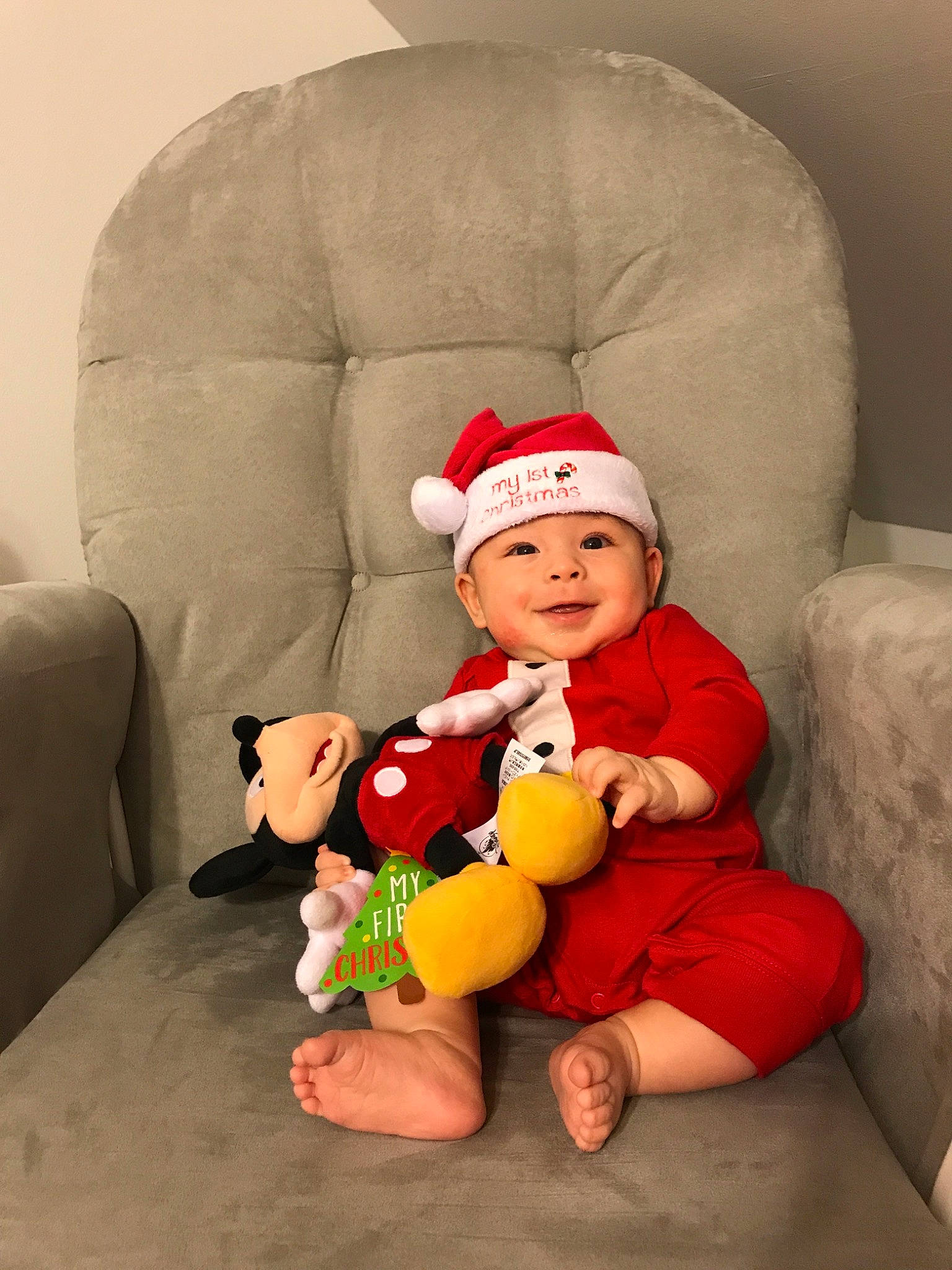 Clark joined the competition — help win amazing prizes! boy, child, christmas, headwear, holiday, infant, person, plush, product, red, sitting, skin, smile, stuffed_toy, teddy_bear, textile, toddler, toy