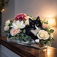 Pepper is registered to the contest to win money with this photo: bouquet, cat, centerpiece, close_up, console, dahlia, eucalyptus, flowers, greenery, indoor, lamp, leaves, lily, mirror, petals, roses, tuxedo_cat, vase, whiskers, wooden_table