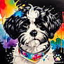 artwork, background, bandana, black_and_white, collar, colorful, cute, digital_art, dog, eyes, fur, illustration, muzzle, nose, paint_splatter, painting, pet, portrait, rainbow, watermark