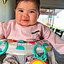 Daphne is registered to the contest to win money with this photo: baby, child, infant, pink_sweater, minnie_mouse, baby_walker, toy, rainbow_toy, indoor, smiling, face, cute, cheeks, clothing, window, furniture, person, seated, home, daylight