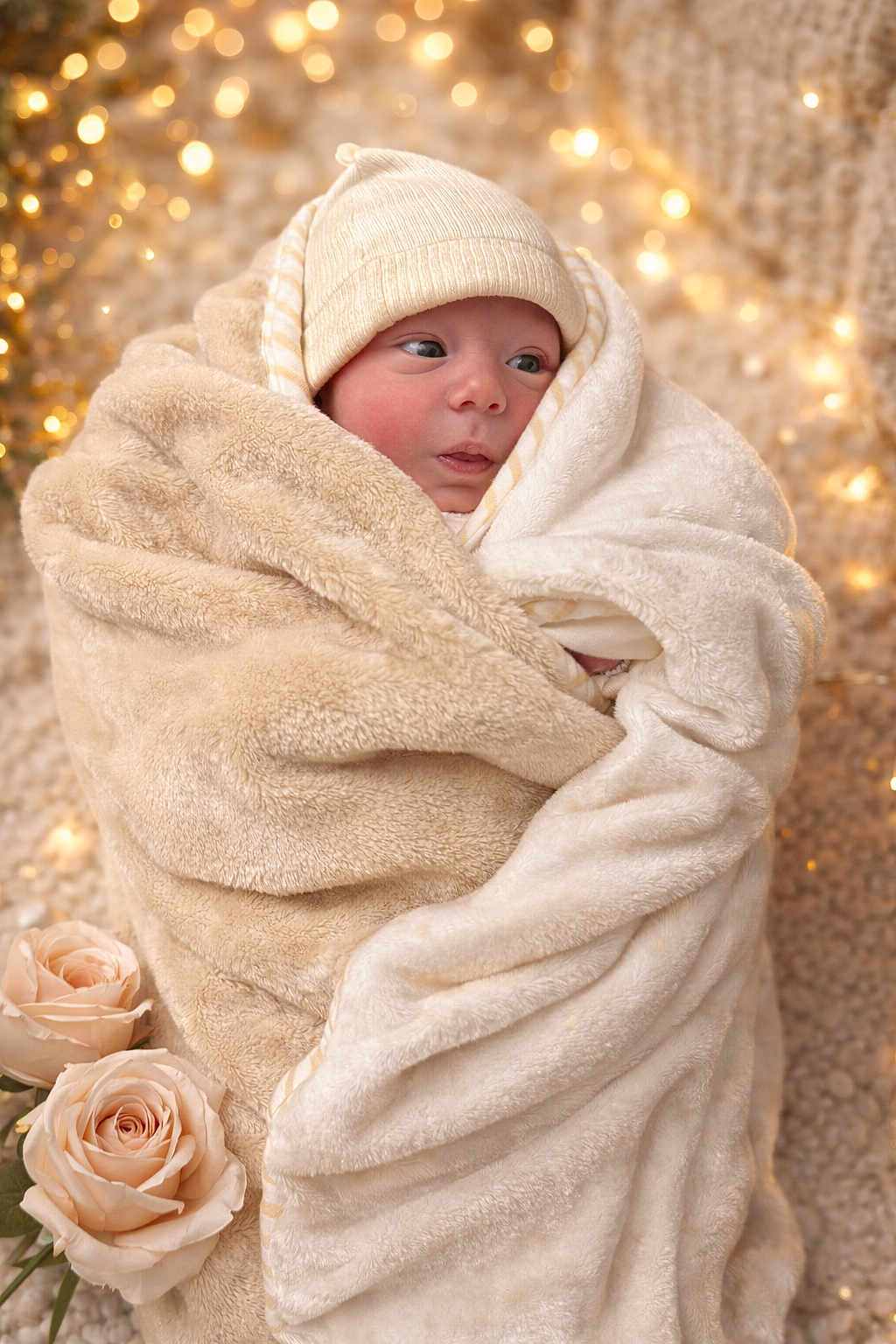 Loën participe au concours pour gagner de l'argent avec cette photo : newborn, baby, blanket, hat, roses, flowers, soft_texture, cozy, wrapped, portrait, face, infant, cute, warm_lighting, bokeh, indoor, peaceful, small, sleepy, child